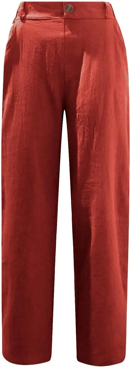 SMIDOW Womens Linen Button Cropped Pants Elastic High Waist Casual Loose Comfy Straight Leg Capris Lounge Trouser Dressy