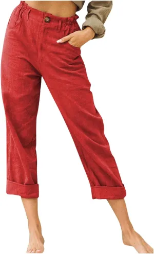 SMIDOW Womens Linen Button Cropped Pants Elastic High Waist Casual Loose Comfy Straight Leg Capris Lounge Trouser Dressy