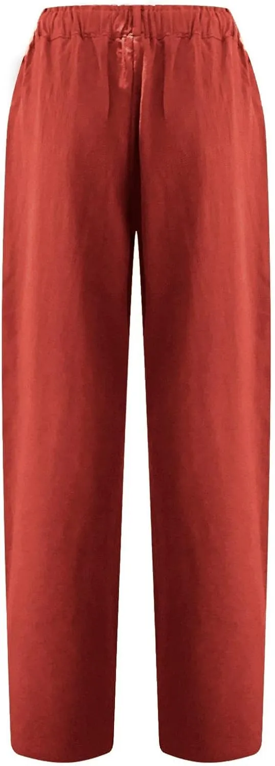 SMIDOW Womens Linen Button Cropped Pants Elastic High Waist Casual Loose Comfy Straight Leg Capris Lounge Trouser Dressy