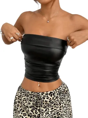 SOLY HUX Women's Faux Leather Crop Tube Top Strapless Sexy Going Out Bandeau Top Party Rave Concert Outfit