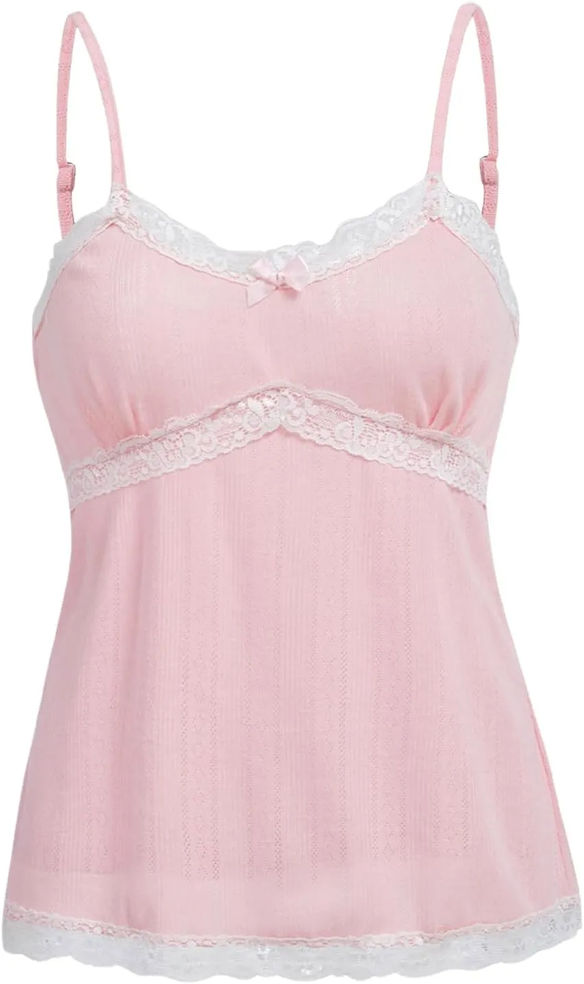 SOLY HUX Women's Lace Trim Cami Top Bow Spaghetti Strap Camisole Summer Tops