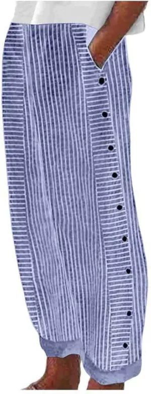 Striped Pants for Women Side Button Baggy Elastic Waist Straight Leg Trousers Beach Casual Pants with Pockets