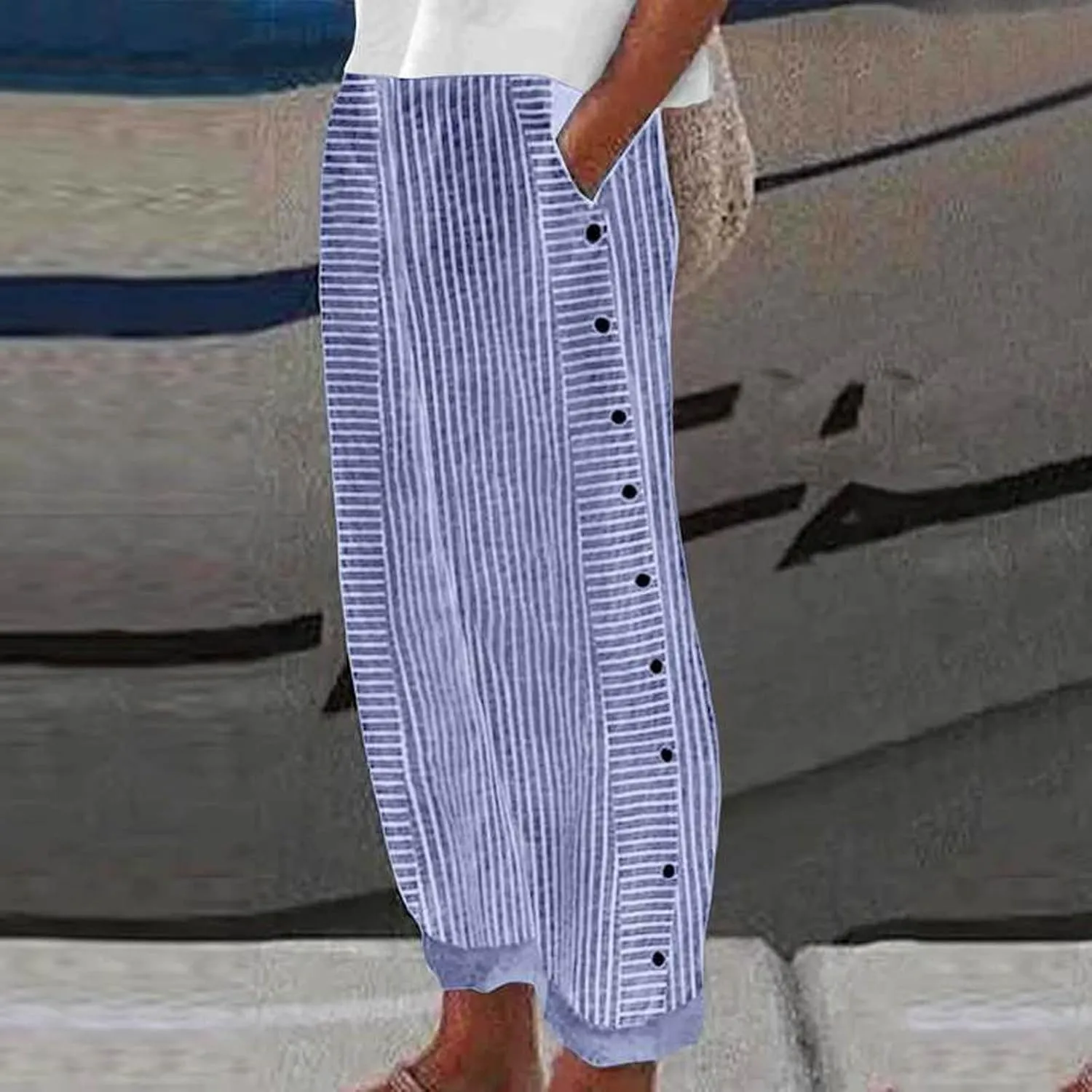 Striped Pants for Women Side Button Baggy Elastic Waist Straight Leg Trousers Beach Casual Pants with Pockets
