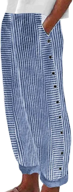 Striped Pants for Women Summer Trendy Side Button Elastic Waist Straight Leg Beach Casual Trousers with Pockets