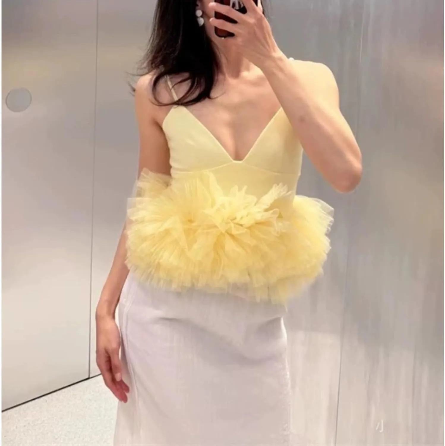 Summer Backless Spaghetti Top for Women Sleeveless Tulle Cropped Camisole Club and Vocation Tulle Stretch Top