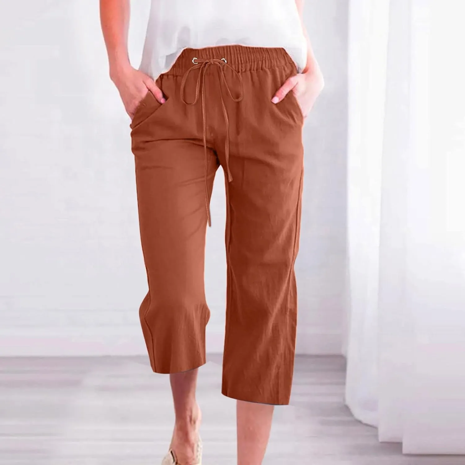 Summer Cotton Linen Capri Pants for Women Drawstring Elastic Waist Straight Wide Leg Side Botton Cropped Trousers