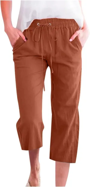 Summer Cotton Linen Capri Pants for Women Drawstring Elastic Waist Straight Wide Leg Side Botton Cropped Trousers