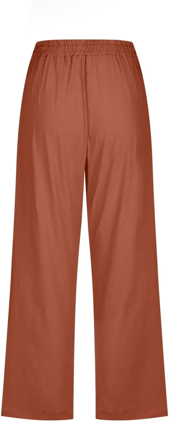 Summer Cotton Linen Capri Pants for Women Drawstring Elastic Waist Straight Wide Leg Side Botton Cropped Trousers