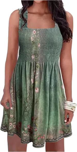 Summer Dress for Women Beach Floral Cover Ups Spaghetti Strap Sundress Smocked Strapless A-Line Mini Dresses