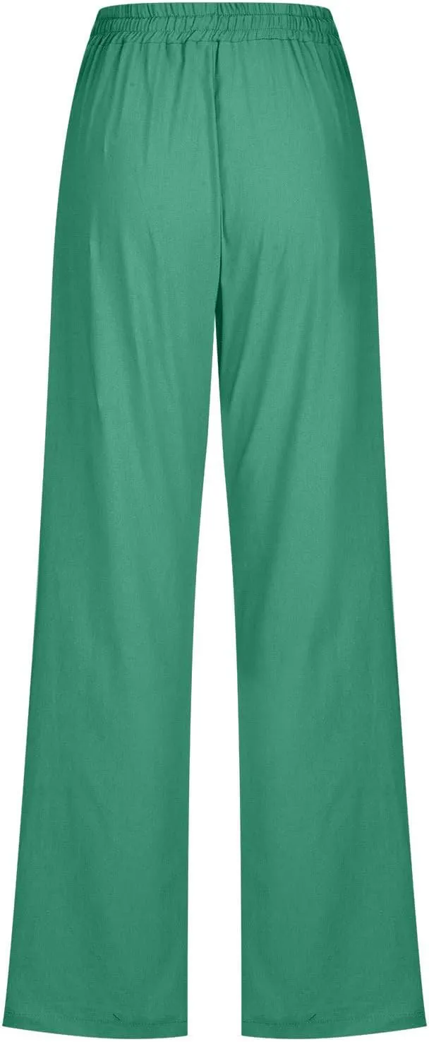 Summer Linen Pants for Women - Baggy Lightweight High Waist Pants Loose Comfy Straight Leg Pants with Pockets