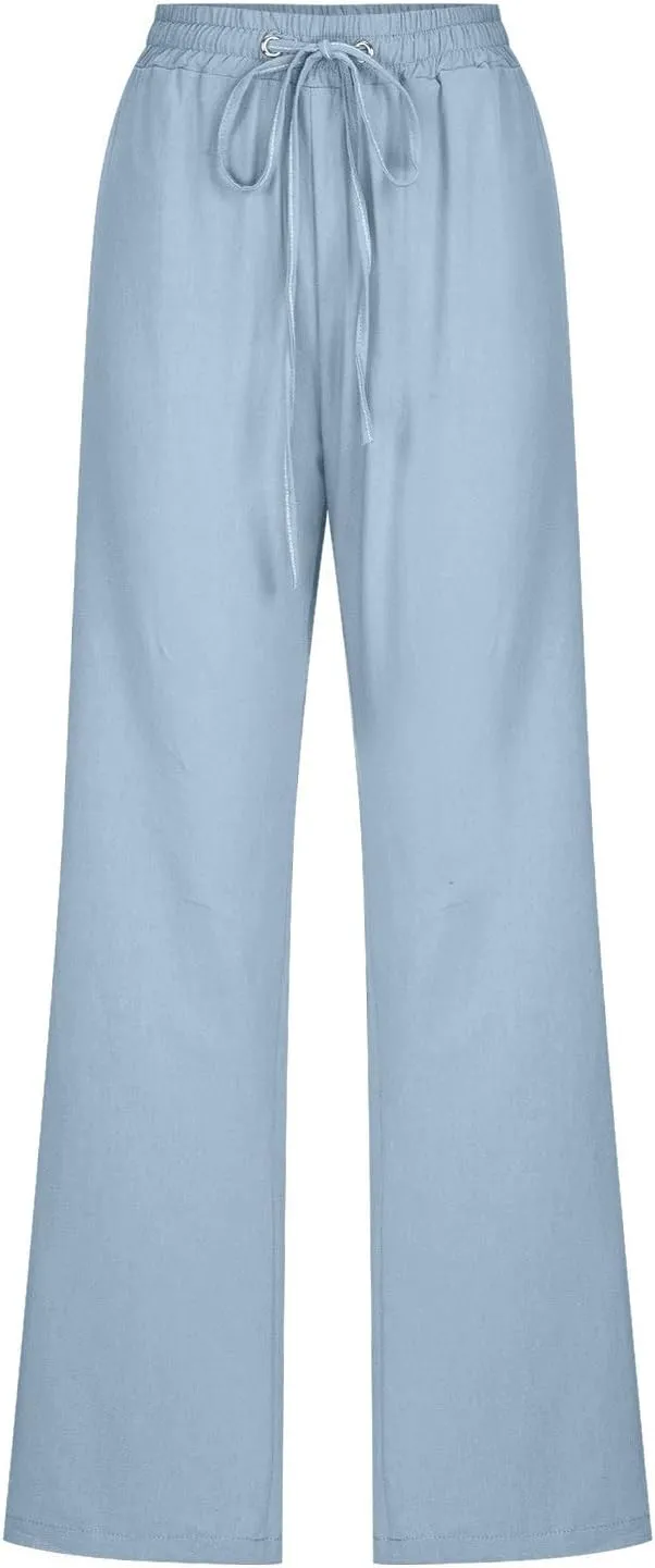 Summer Linen Pants for Women - Baggy Lightweight High Waist Pants Loose Comfy Straight Leg Pants with Pockets