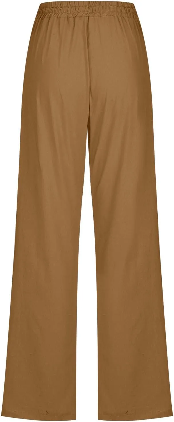 Summer Linen Pants for Women - Baggy Lightweight High Waist Pants Loose Comfy Straight Leg Pants with Pockets