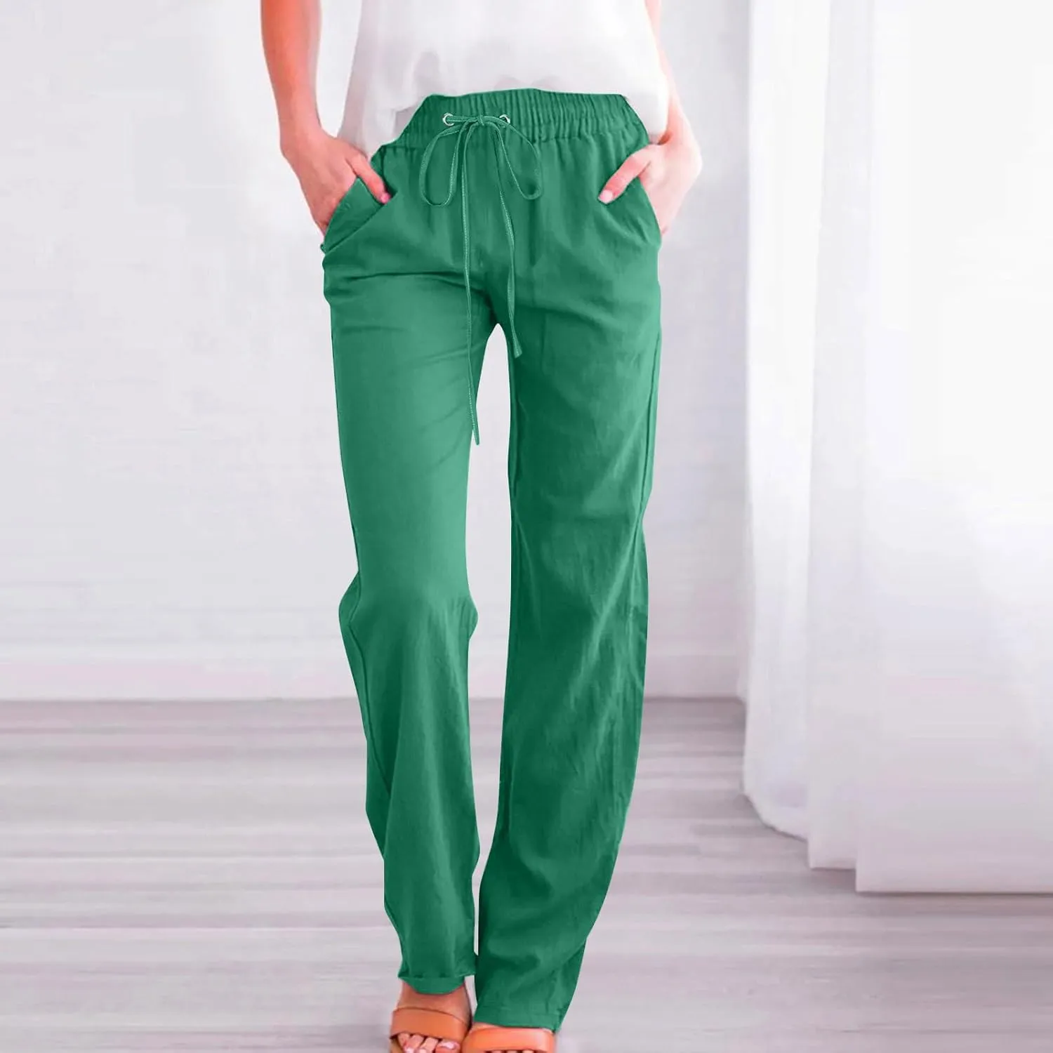 Summer Linen Pants for Women - Baggy Lightweight High Waist Pants Loose Comfy Straight Leg Pants with Pockets