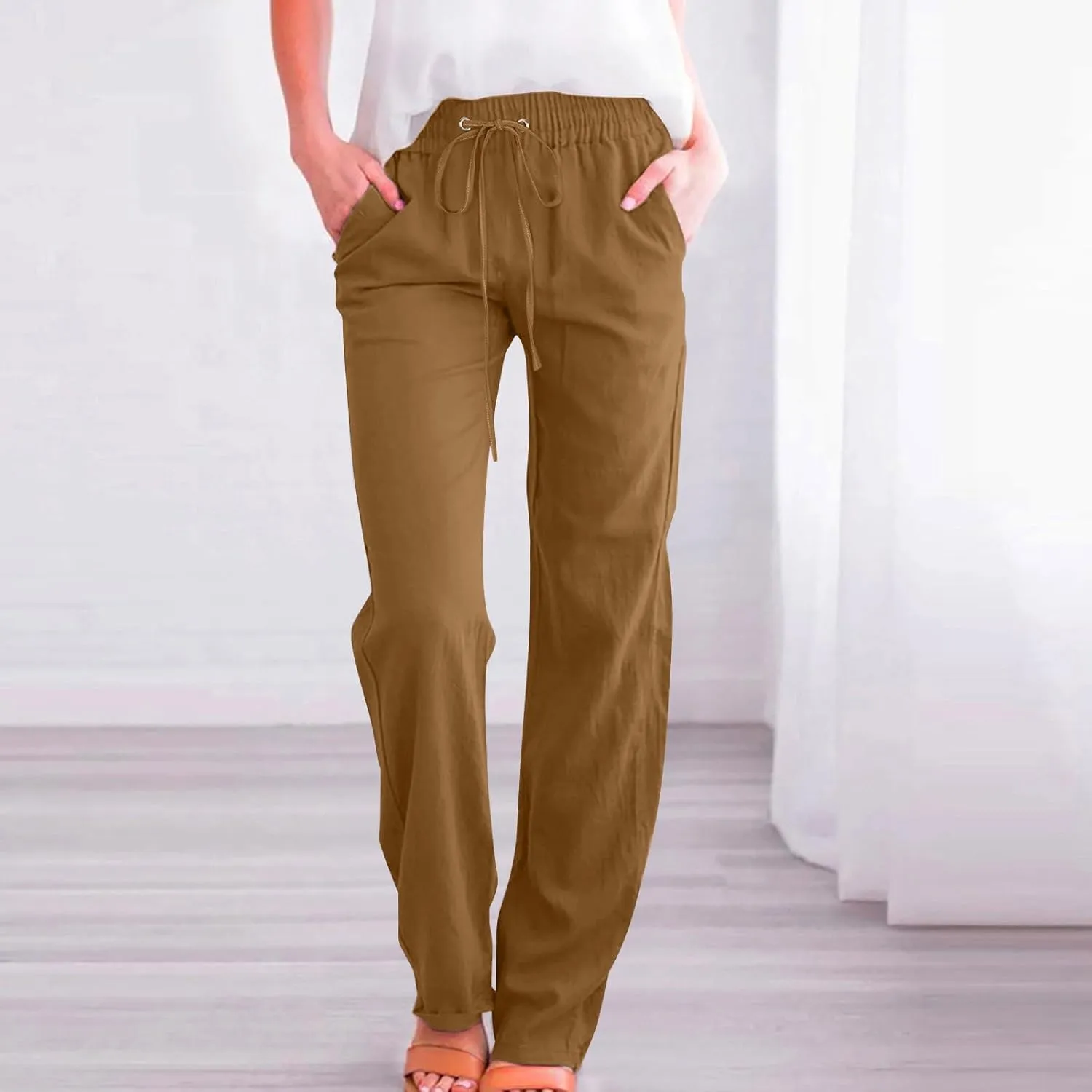 Summer Linen Pants for Women - Baggy Lightweight High Waist Pants Loose Comfy Straight Leg Pants with Pockets