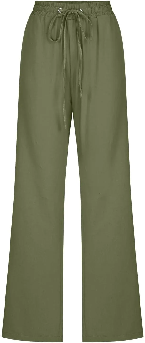 Summer Linen Pants for Women - Baggy Lightweight High Waist Pants Loose Comfy Straight Leg Pants with Pockets