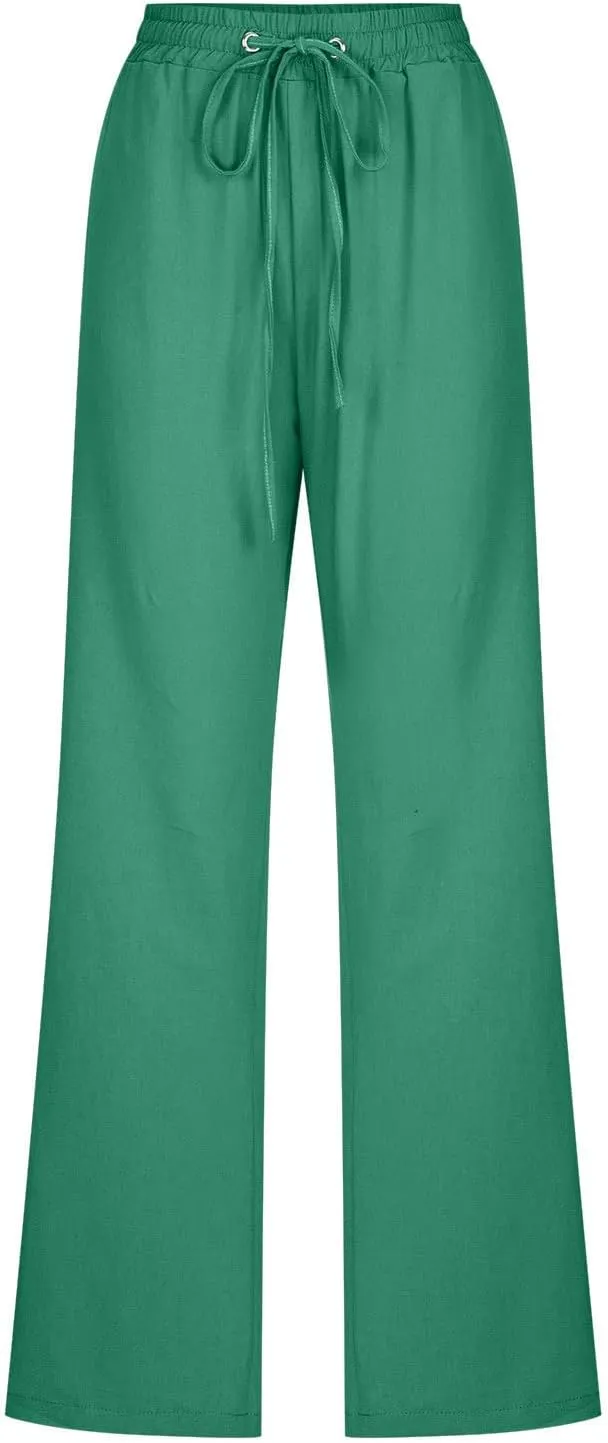 Summer Linen Pants for Women - Baggy Lightweight High Waist Pants Loose Comfy Straight Leg Pants with Pockets
