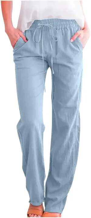 Summer Linen Pants for Women - Baggy Lightweight High Waist Pants Loose Comfy Straight Leg Pants with Pockets
