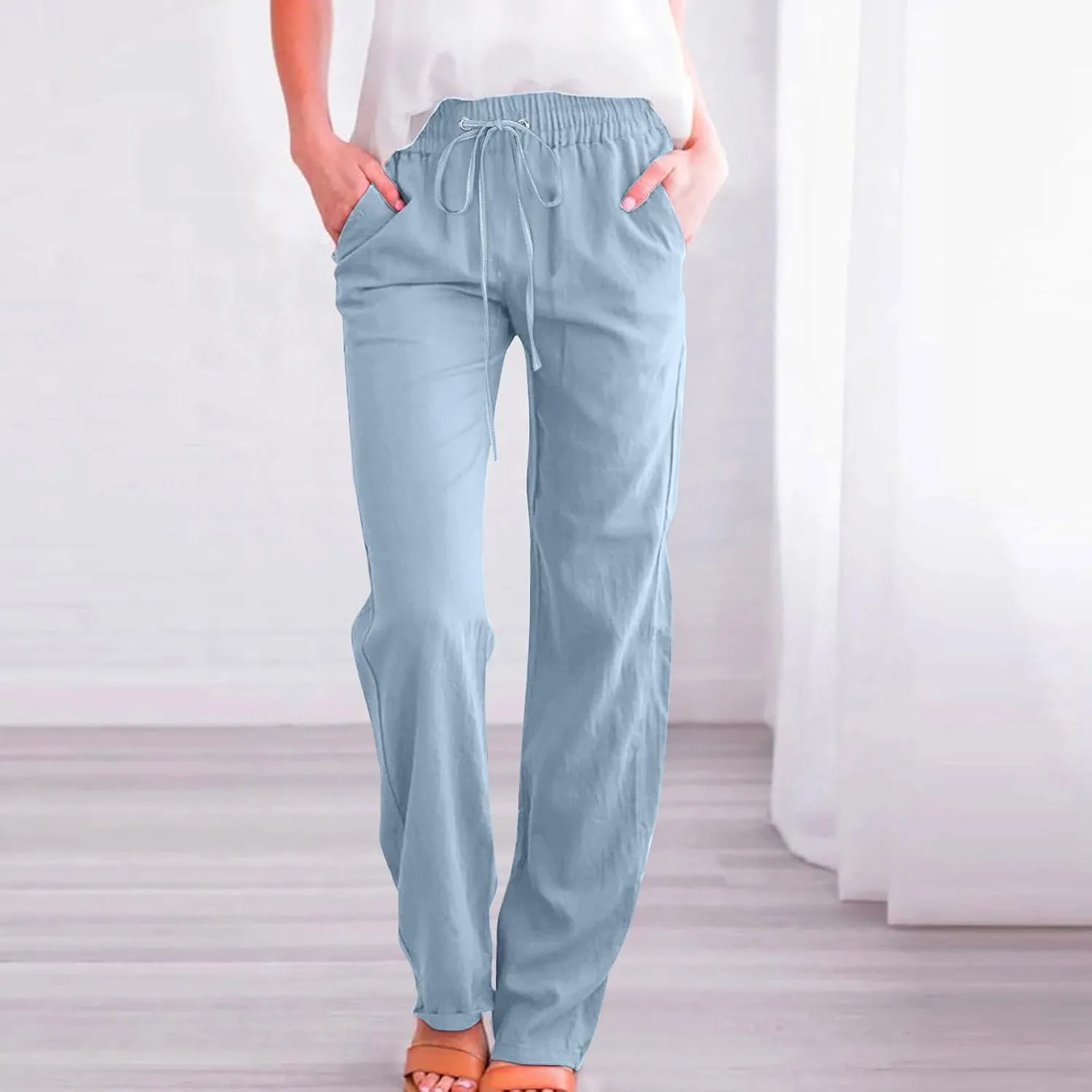 Summer Linen Pants for Women - Baggy Lightweight High Waist Pants Loose Comfy Straight Leg Pants with Pockets