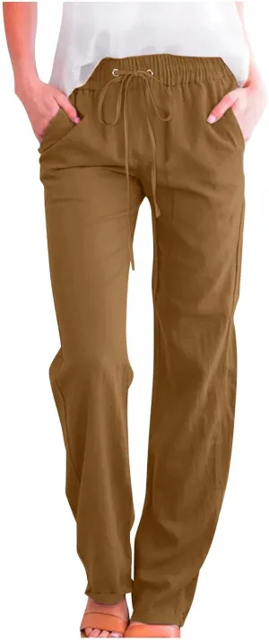 Summer Linen Pants for Women - Baggy Lightweight High Waist Pants Loose Comfy Straight Leg Pants with Pockets