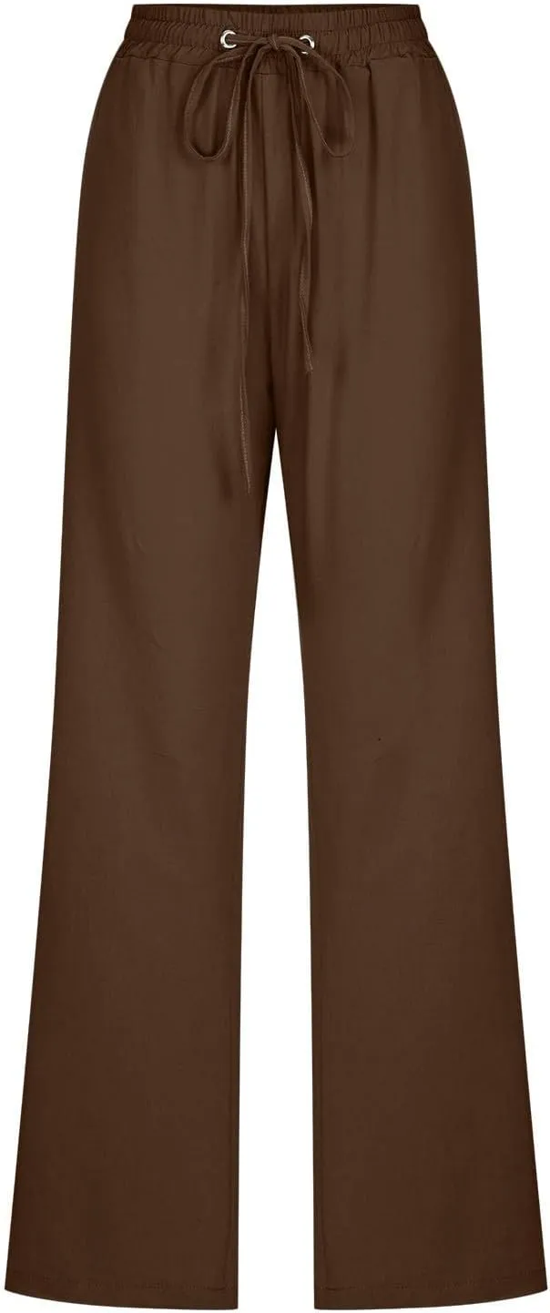 Summer Linen Pants for Women - Baggy Lightweight High Waist Pants Loose Comfy Straight Leg Pants with Pockets