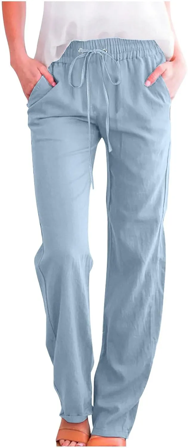 Summer Linen Pants for Women - Baggy Lightweight High Waist Pants Loose Comfy Straight Leg Pants with Pockets