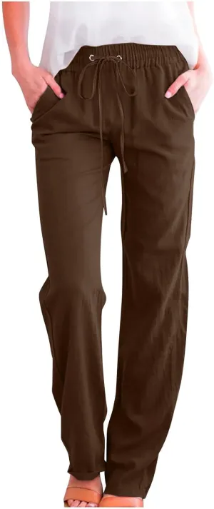 Summer Linen Pants for Women - Baggy Lightweight High Waist Pants Loose Comfy Straight Leg Pants with Pockets