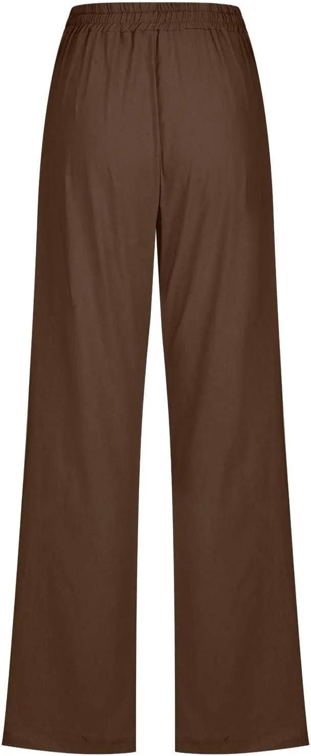 Summer Linen Pants for Women - Baggy Lightweight High Waist Pants Loose Comfy Straight Leg Pants with Pockets