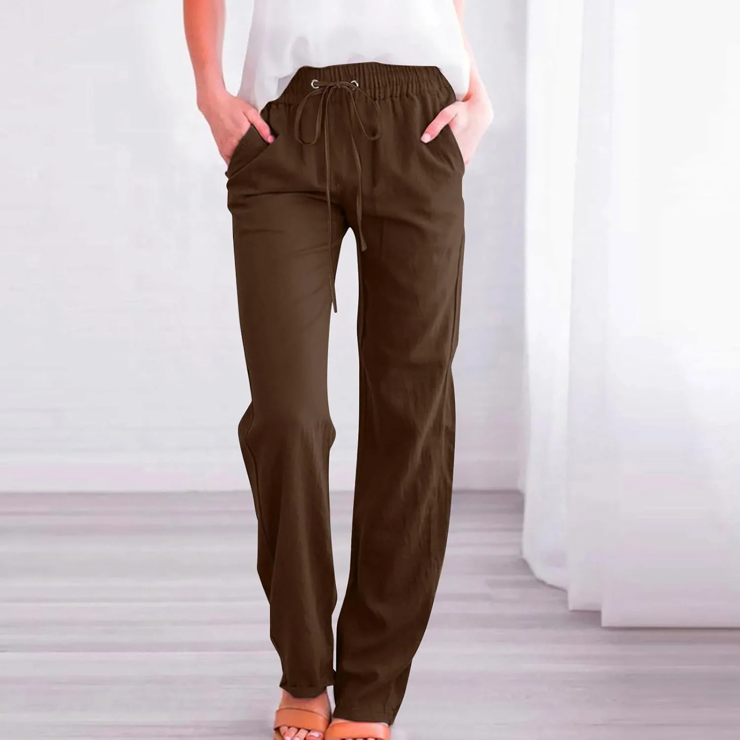 Summer Linen Pants for Women - Baggy Lightweight High Waist Pants Loose Comfy Straight Leg Pants with Pockets
