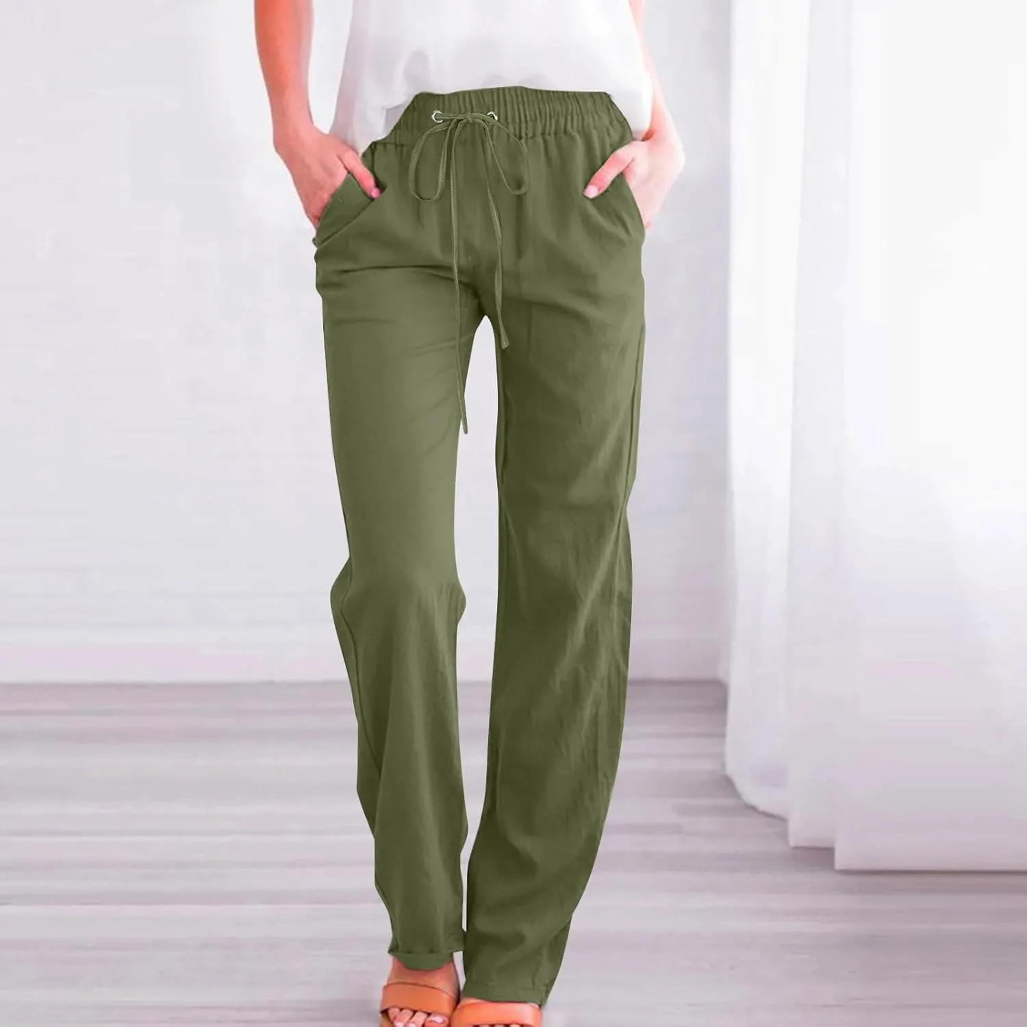 Summer Linen Pants for Women - Baggy Lightweight High Waist Pants Loose Comfy Straight Leg Pants with Pockets