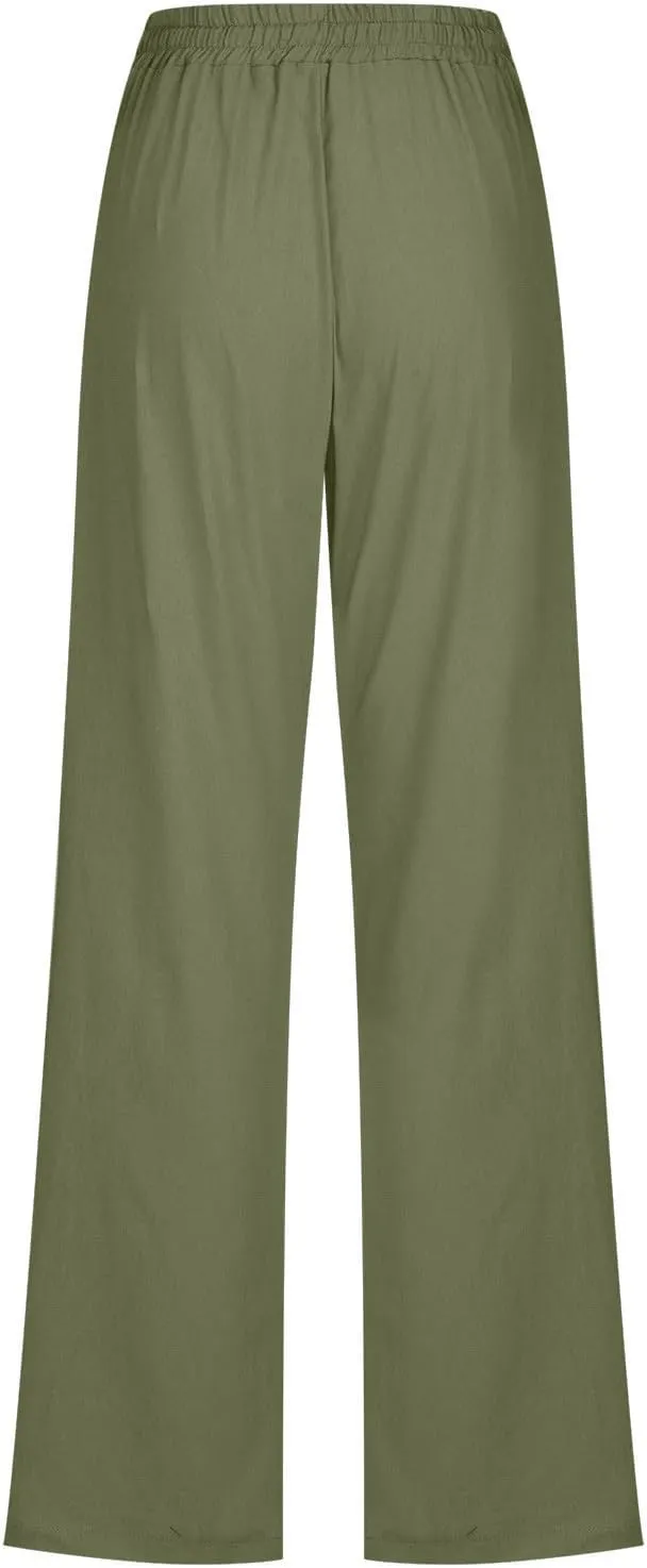 Summer Linen Pants for Women - Baggy Lightweight High Waist Pants Loose Comfy Straight Leg Pants with Pockets