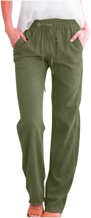 Summer Linen Pants for Women - Baggy Lightweight High Waist Pants Loose Comfy Straight Leg Pants with Pockets