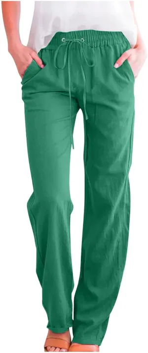 Summer Linen Pants for Women - Baggy Lightweight High Waist Pants Loose Comfy Straight Leg Pants with Pockets