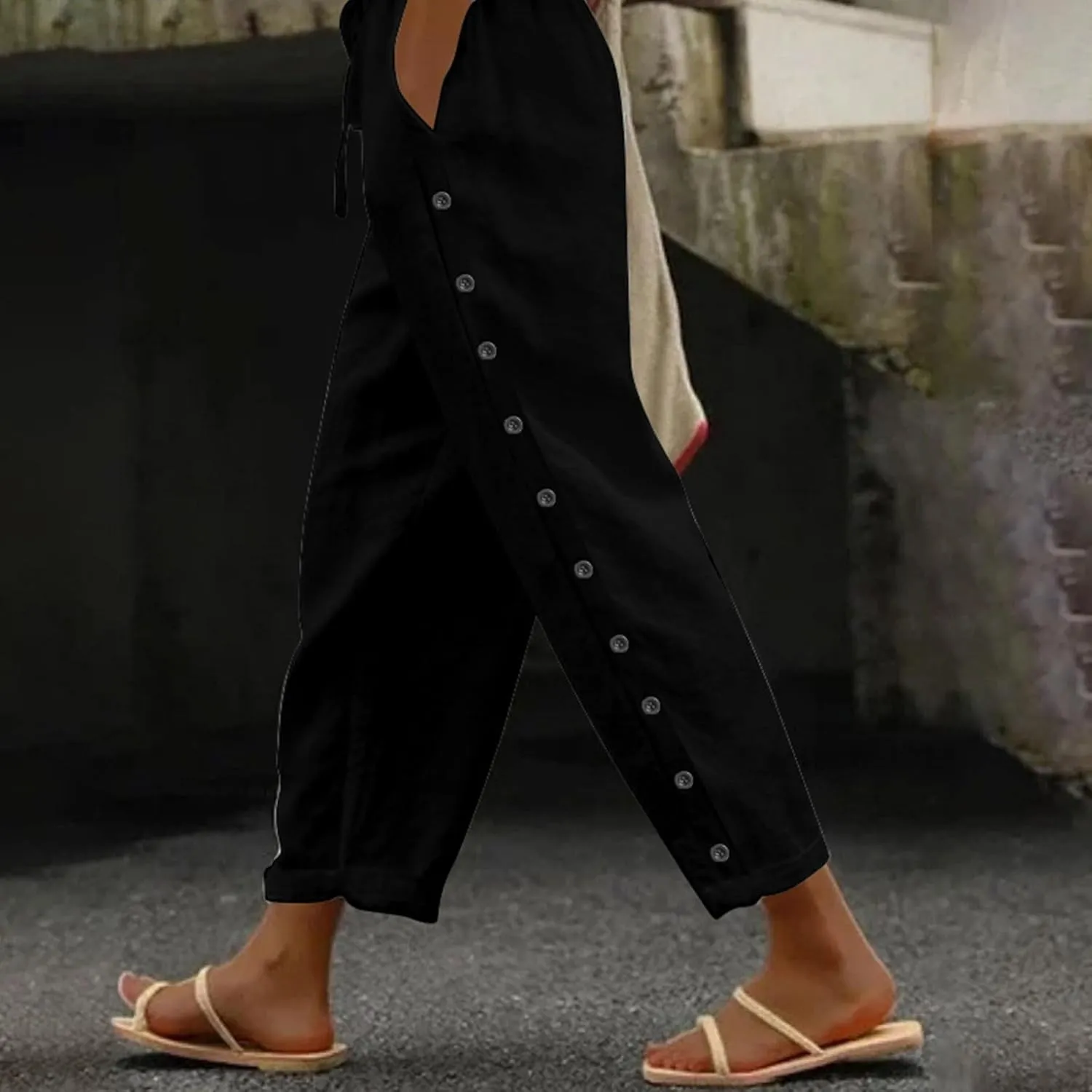 Summer Pants for Women 2025 Trendy Summer Vacation Side Button Elastic Waist Straight Leg Casual Cropped Trousers