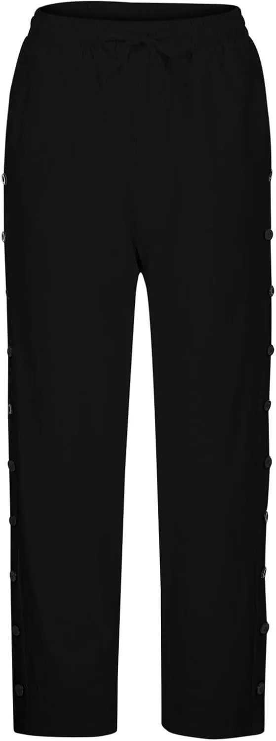 Summer Pants for Women 2025 Trendy Summer Vacation Side Button Elastic Waist Straight Leg Casual Cropped Trousers