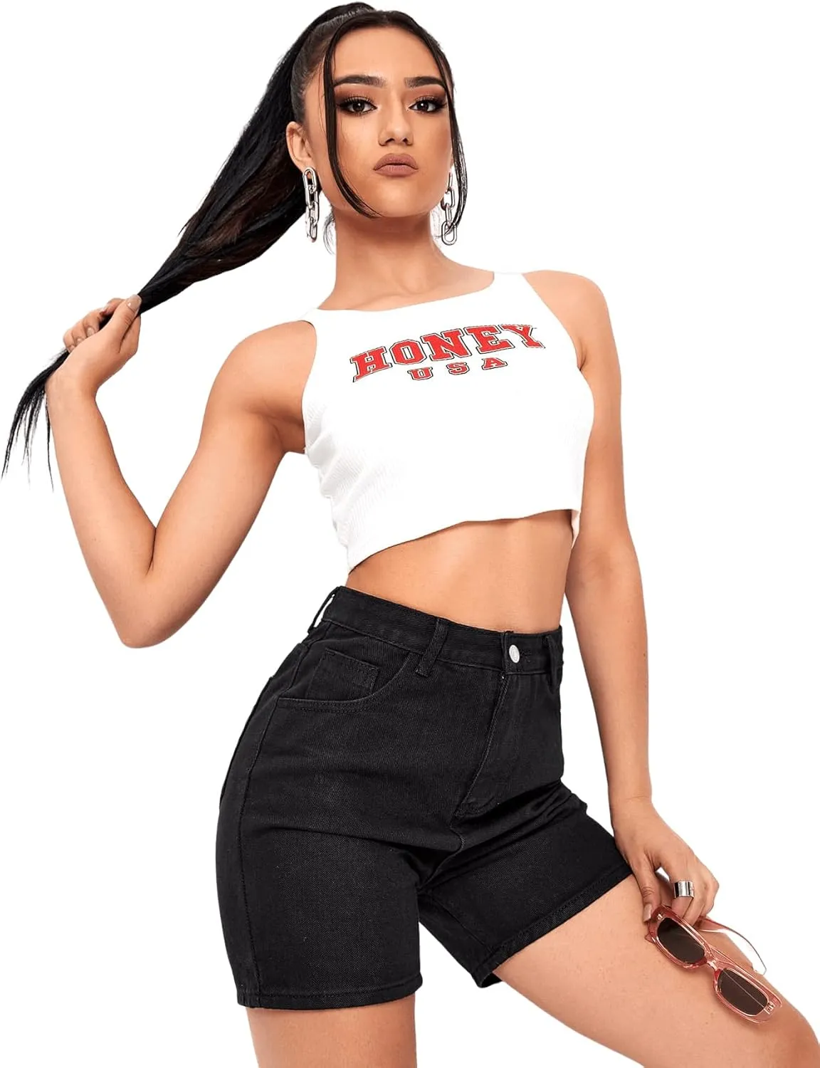 SweatyRocks Women's High Waist Straight Leg Denim Shorts Solid Jean Shorts Summer Hot Pants with Pockets