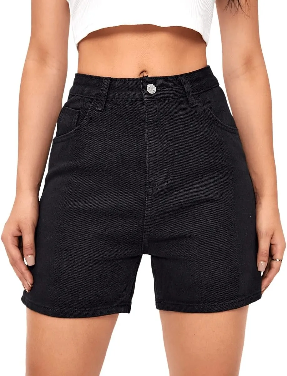 SweatyRocks Women's High Waist Straight Leg Denim Shorts Solid Jean Shorts Summer Hot Pants with Pockets