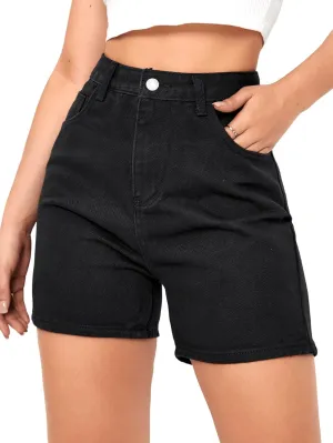 SweatyRocks Women's High Waist Straight Leg Denim Shorts Solid Jean Shorts Summer Hot Pants with Pockets