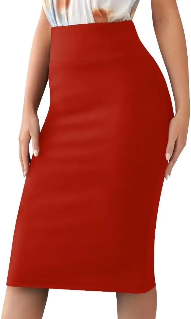 Sweet Hearts Womens Basic Stretch Pencil Skirt- Regular & Plus Size- Below Knee Office Midi Bodycon Nylon Skirt Made in USA