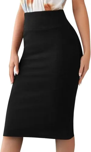 Sweet Hearts Womens Basic Stretch Pencil Skirt- Regular & Plus Size- Below Knee Office Midi Bodycon Nylon Skirt Made in USA