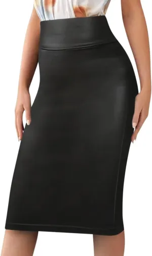 Sweet Hearts Womens Basic Stretch Pencil Skirt- Regular & Plus Size- Below Knee Office Midi Bodycon Nylon Skirt Made in USA