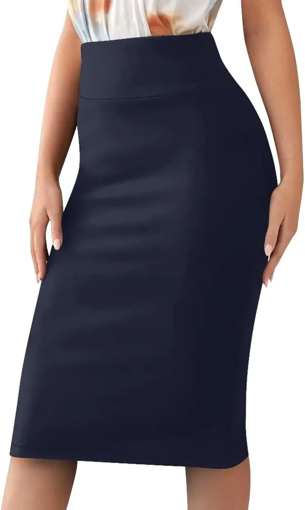 Sweet Hearts Womens Basic Stretch Pencil Skirt- Regular & Plus Size- Below Knee Office Midi Bodycon Nylon Skirt Made in USA