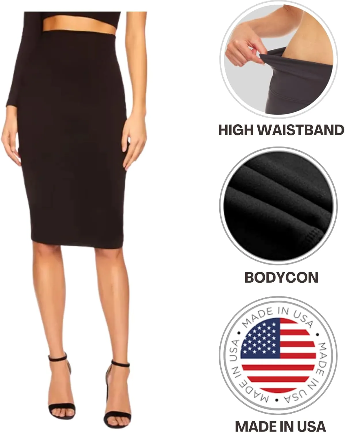 Sweet Hearts Womens Basic Stretch Pencil Skirt- Regular & Plus Size- Below Knee Office Midi Bodycon Nylon Skirt Made in USA