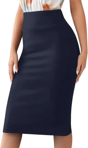 Sweet Hearts Womens Basic Stretch Pencil Skirt- Regular & Plus Size- Below Knee Office Midi Bodycon Nylon Skirt Made in USA