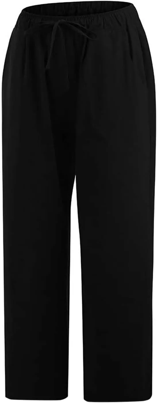 TANGNADE Ladies Capri Pants with Pockets Summer Cotton Linen Pant Loose Comfy Elastic Waist Wide Leg Crop Trouser