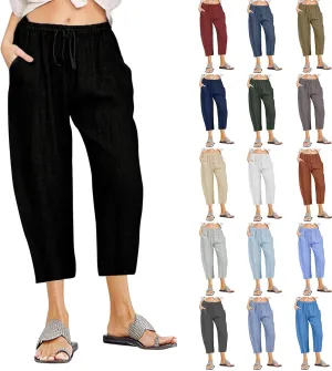 TANGNADE Ladies Capri Pants with Pockets Summer Cotton Linen Pant Loose Comfy Elastic Waist Wide Leg Crop Trouser