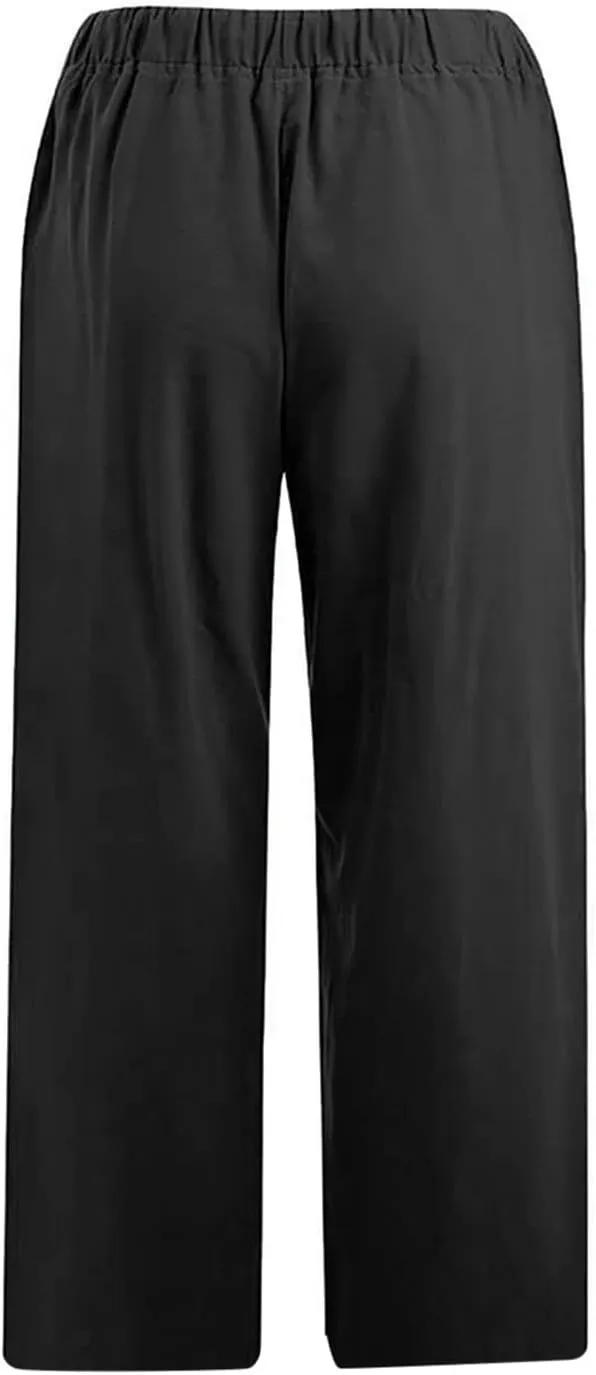 TANGNADE Ladies Capri Pants with Pockets Summer Cotton Linen Pant Loose Comfy Elastic Waist Wide Leg Crop Trouser
