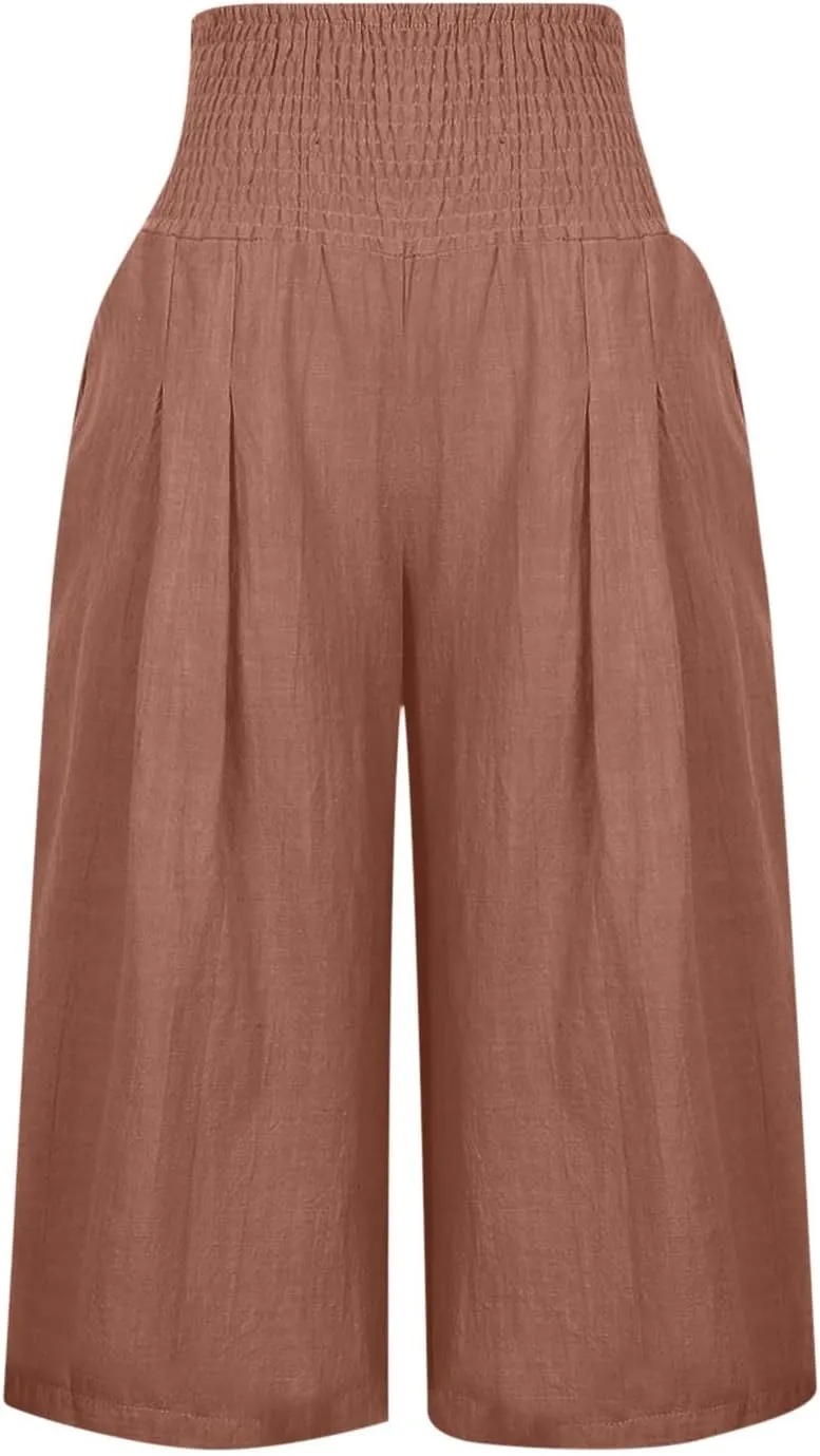 TARIENDY High Waisted Capri Pants for Women Casual Summer Palazzo Pant Loose Comfy Wide Leg Beach Trousers with Pockets