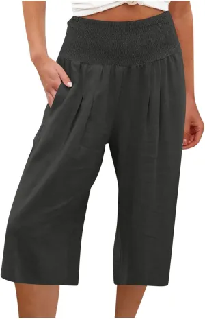 TARIENDY High Waisted Capri Pants for Women Casual Summer Palazzo Pant Loose Comfy Wide Leg Beach Trousers with Pockets