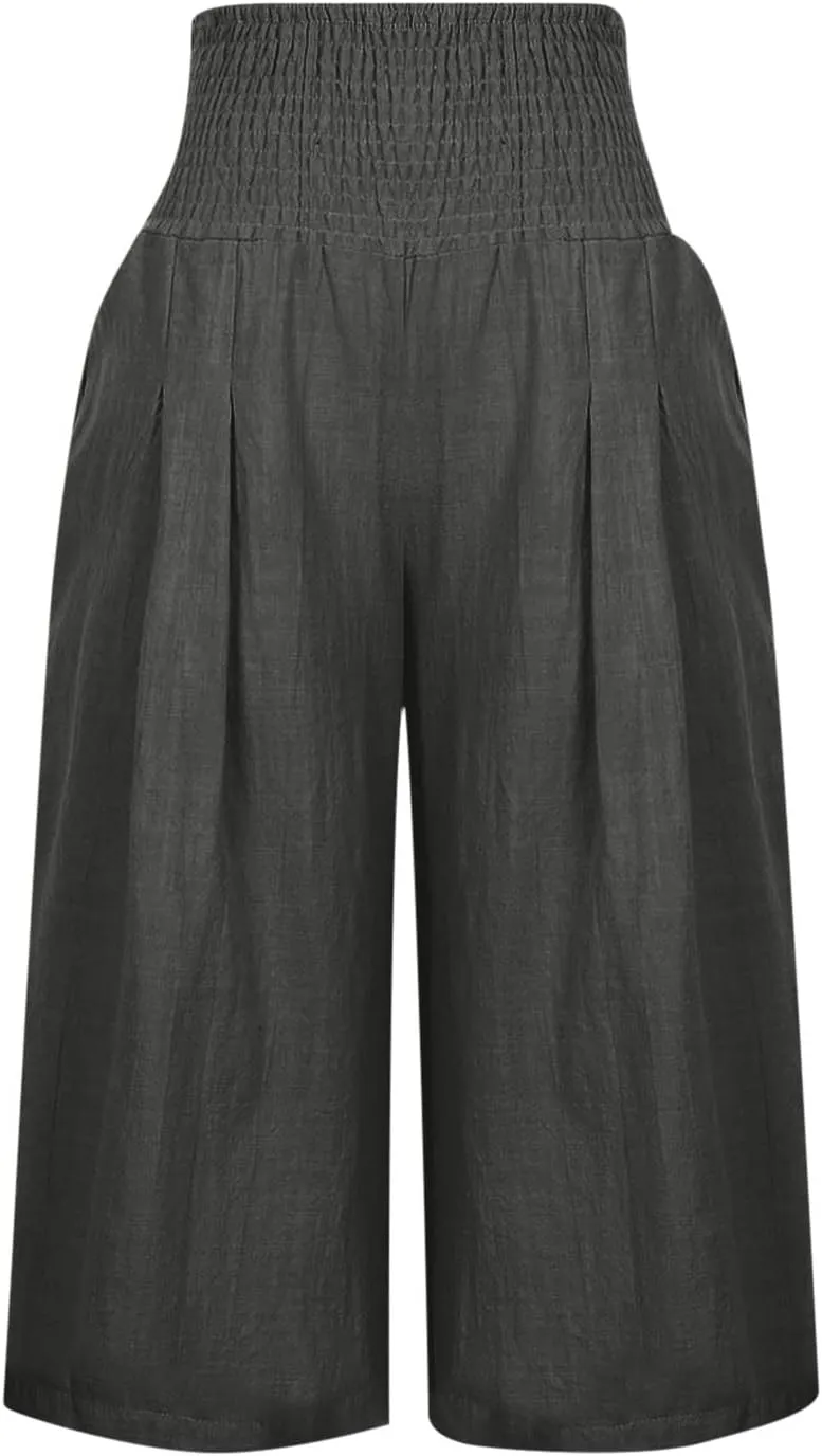 TARIENDY High Waisted Capri Pants for Women Casual Summer Palazzo Pant Loose Comfy Wide Leg Beach Trousers with Pockets