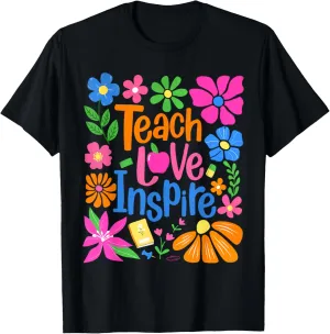 Teach Love Inspire Boho Floral Retro Back To School Teachers T-Shirt